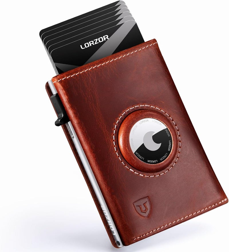 LORZOR AirTag Wallet - Full Grain Leather, Mens Minimalist Wallet with Apple Air Tag Holder, Slim Smart Pop up Card Case, ID Window, RFID Blocking, Front Pocket (AirTag Not Included) - Image 1
